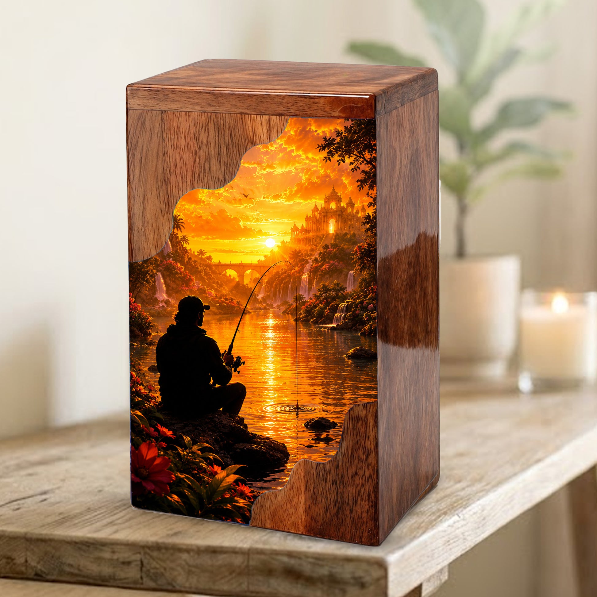 Eternal Waters Fishing Wooden Cremation Urn – Personalized Memorial Urn for Human Ashes