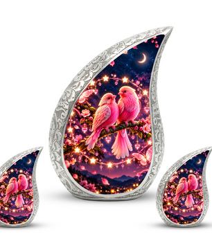 Pink Love Birds Urn for Human Ashes, Adult Cremation Urn with Two Birds and Flowers