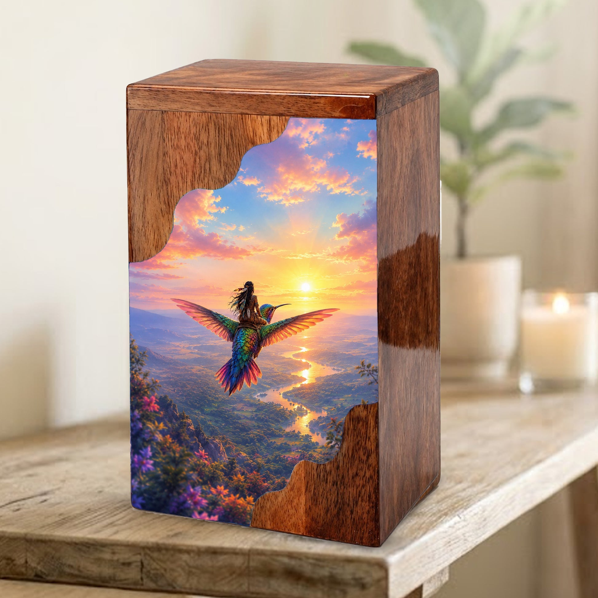Hummingbird Wooden Cremation Urn for Human Ashes