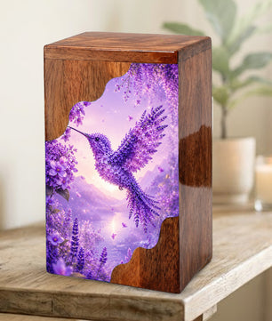 Hummingbird Cremation Urn for Mom | Purple Floral Wooden Urn for Human