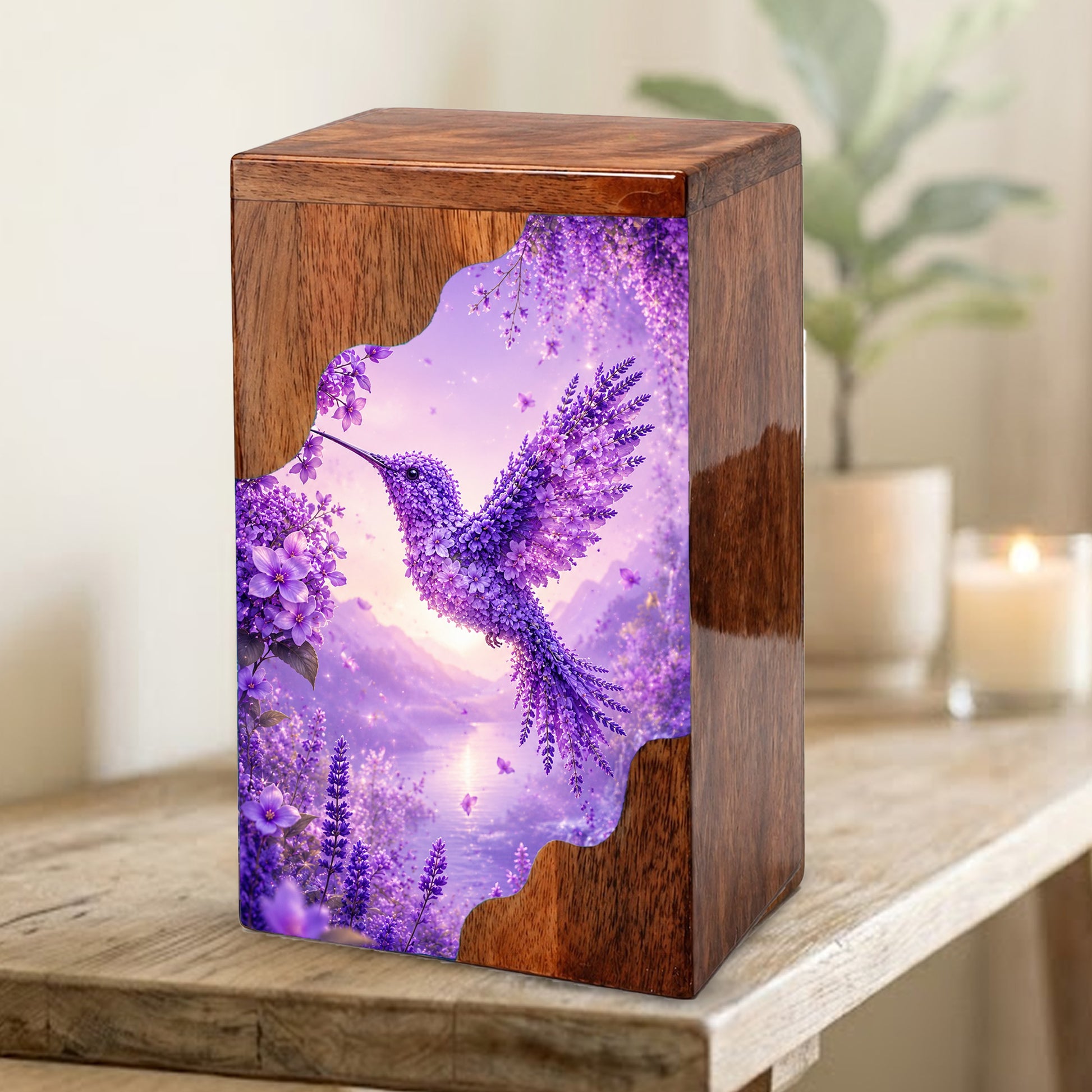 Hummingbird Cremation Urn for Mom | Purple Floral Wooden Urn for Human