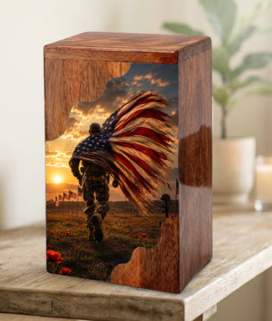 Military Wooden Cremation Urn for Dad | Personalized Veteran Urn for Human Ashes | American Flag Memorial Urn