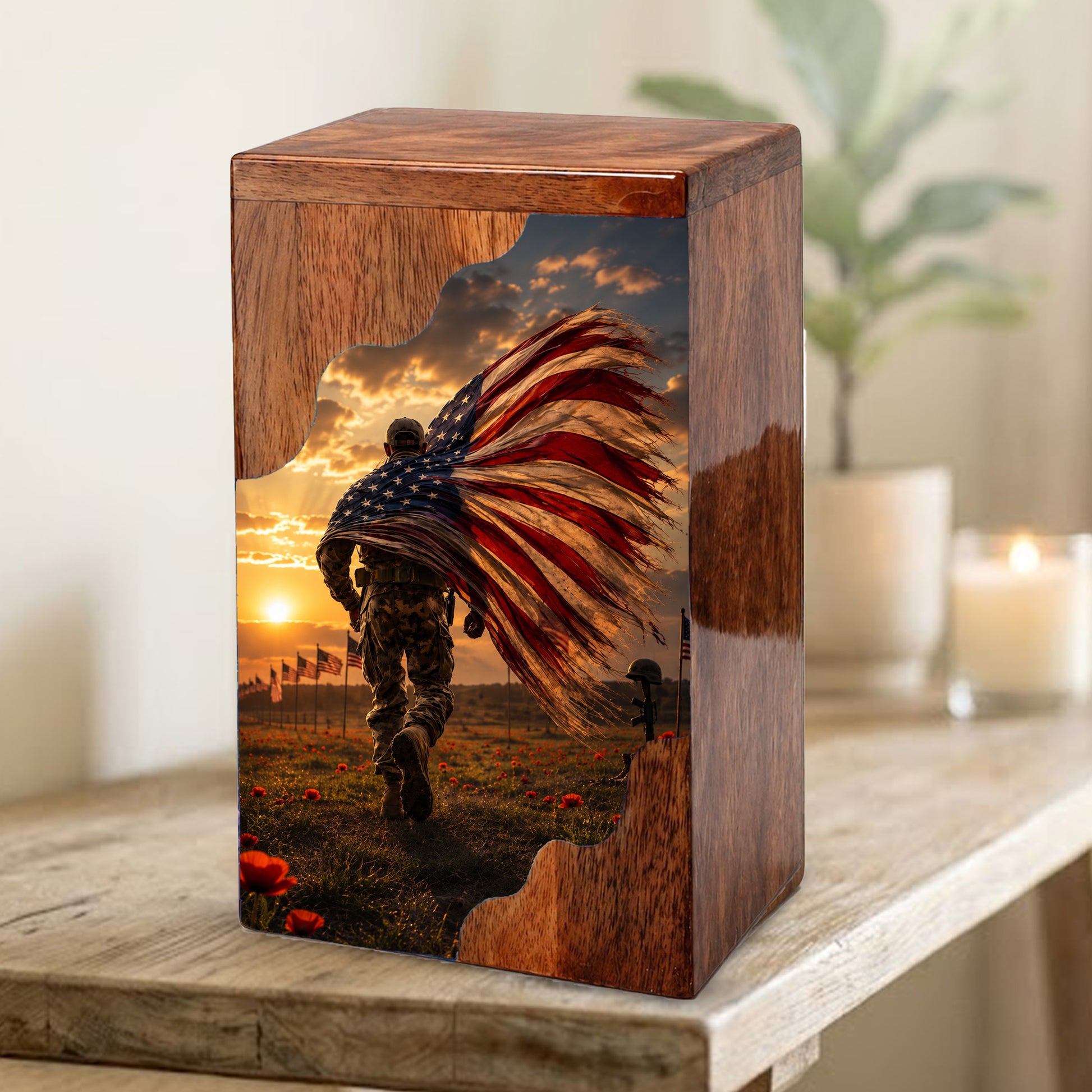 Military Wooden Cremation Urn for Dad | Personalized Veteran Urn for Human Ashes | American Flag Memorial Urn
