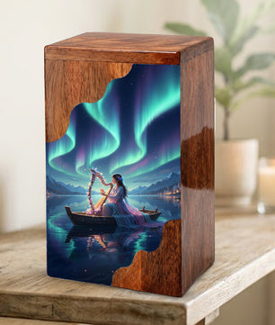 Aurora Harp Wooden Cremation Urn – Celestial Lake Memorial Wooden Urn for Human Ashes