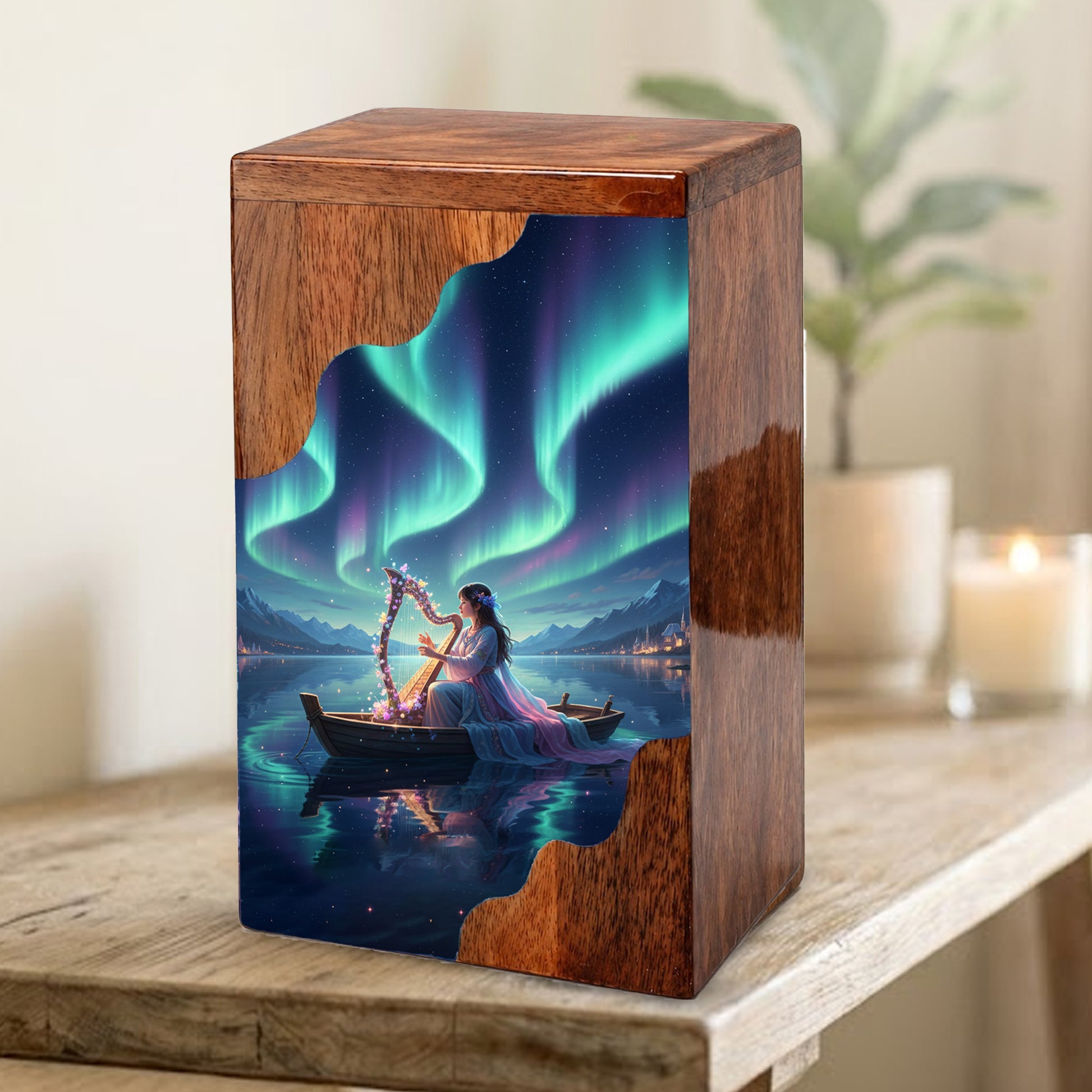 Aurora Harp Wooden Cremation Urn – Celestial Lake Memorial Wooden Urn for Human Ashes