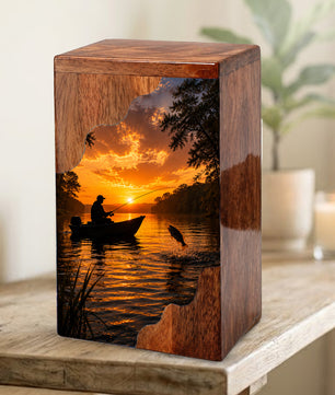 Sunset Fishing Wooden Cremation Urn – Gone Fishing Memorial Urn for Human Ashes