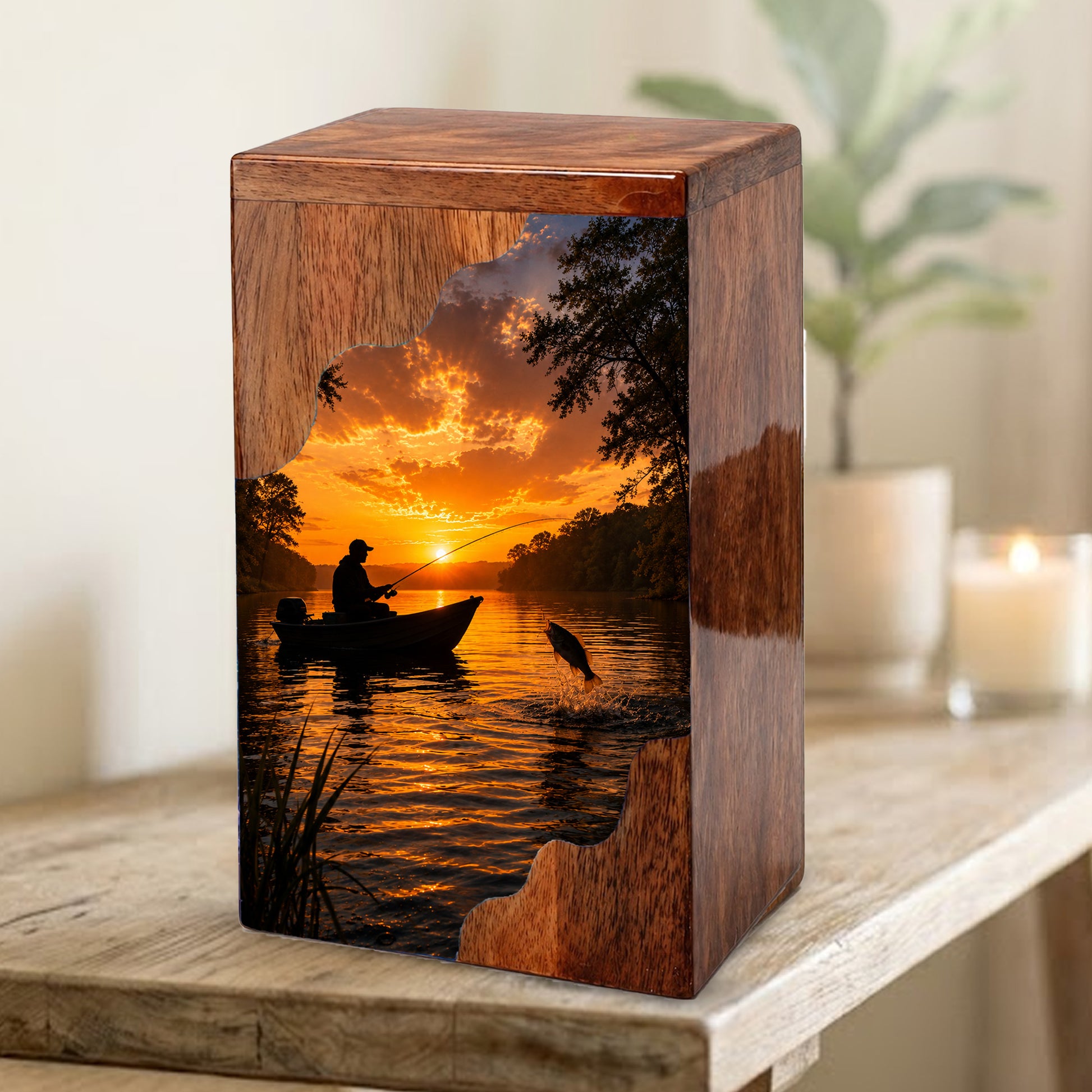 Sunset Fishing Wooden Cremation Urn – Gone Fishing Memorial Urn for Human Ashes