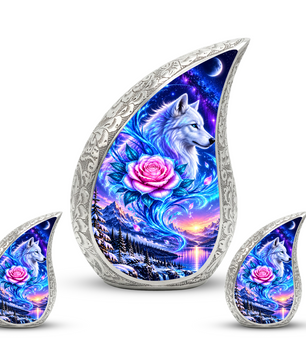 Wolf Adult Cremation Urn for Human Ashes, White Wolf and Pink Rose Memorial Urn