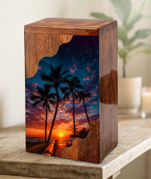 Beach Wooden Cremation Urn for Human Ashes | Tropical Sunset Memorial Urn