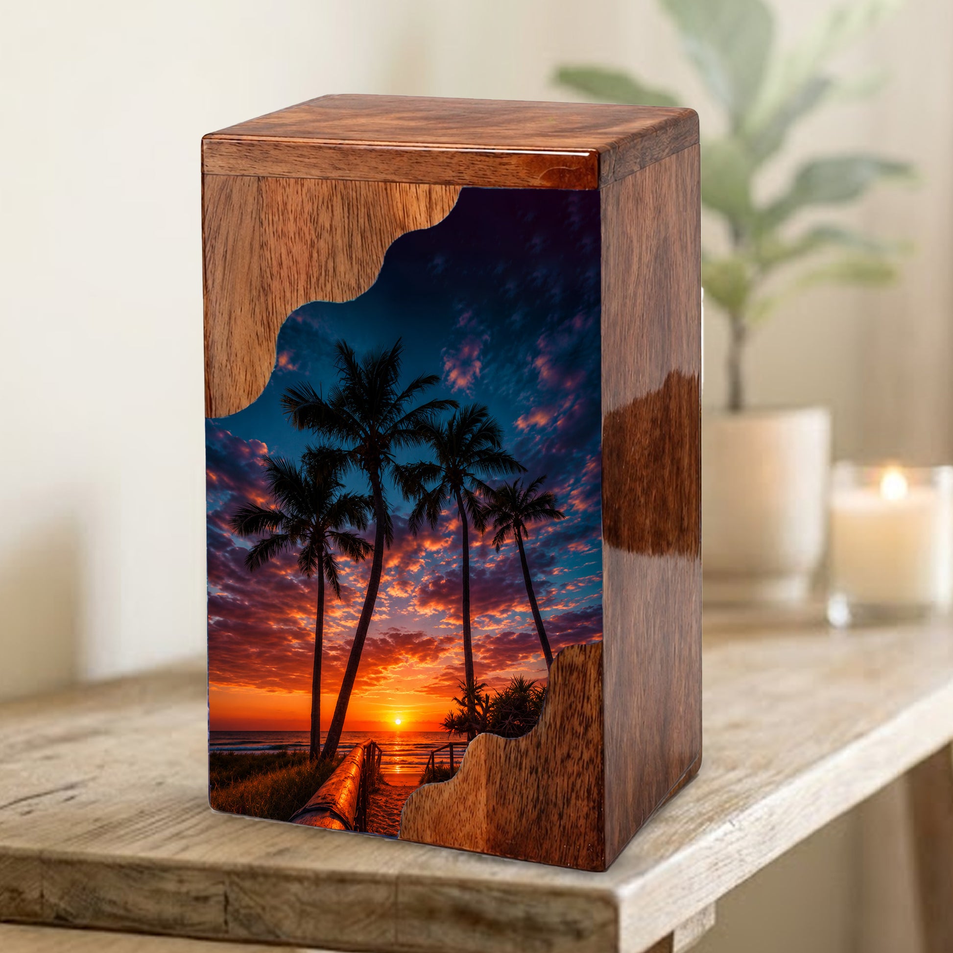 Beach Wooden Cremation Urn for Human Ashes | Tropical Sunset Memorial Urn