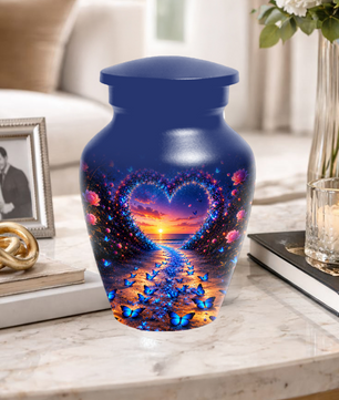 Blue Butterfly Cremation Urn for Ashes - Heart Beach Sunset Keepsake Urns