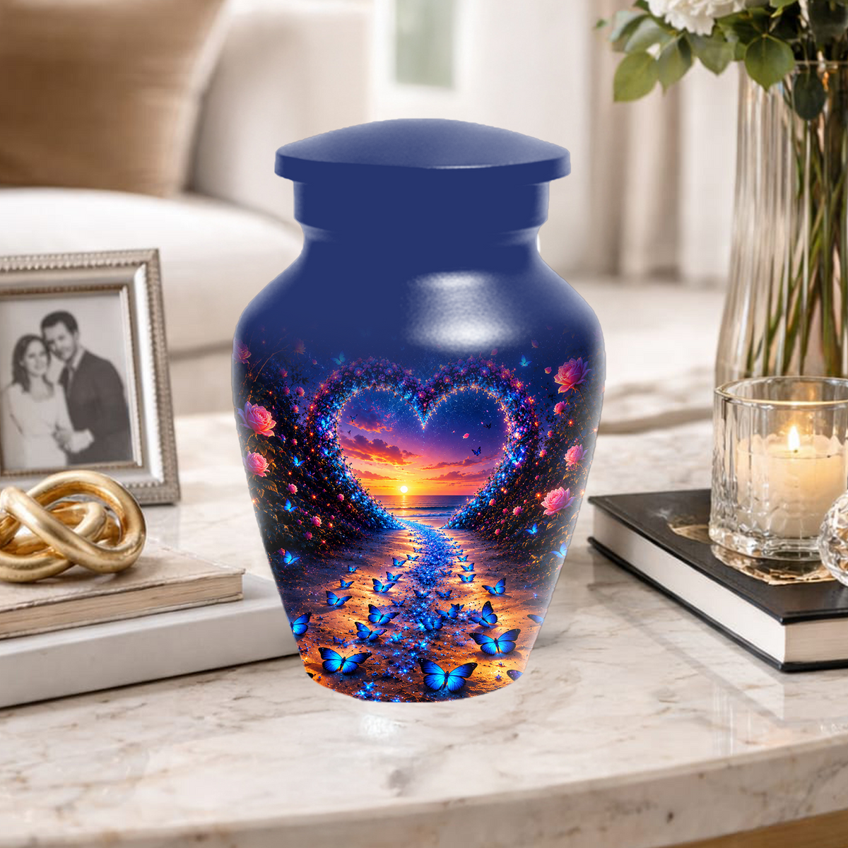 Blue Butterfly Cremation Urn for Ashes - Heart Beach Sunset Keepsake Urns