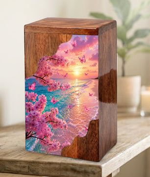Cherry Blossom Beach Wooden Cremation Urn – Butterfly Memorial Urn for Human Ashes