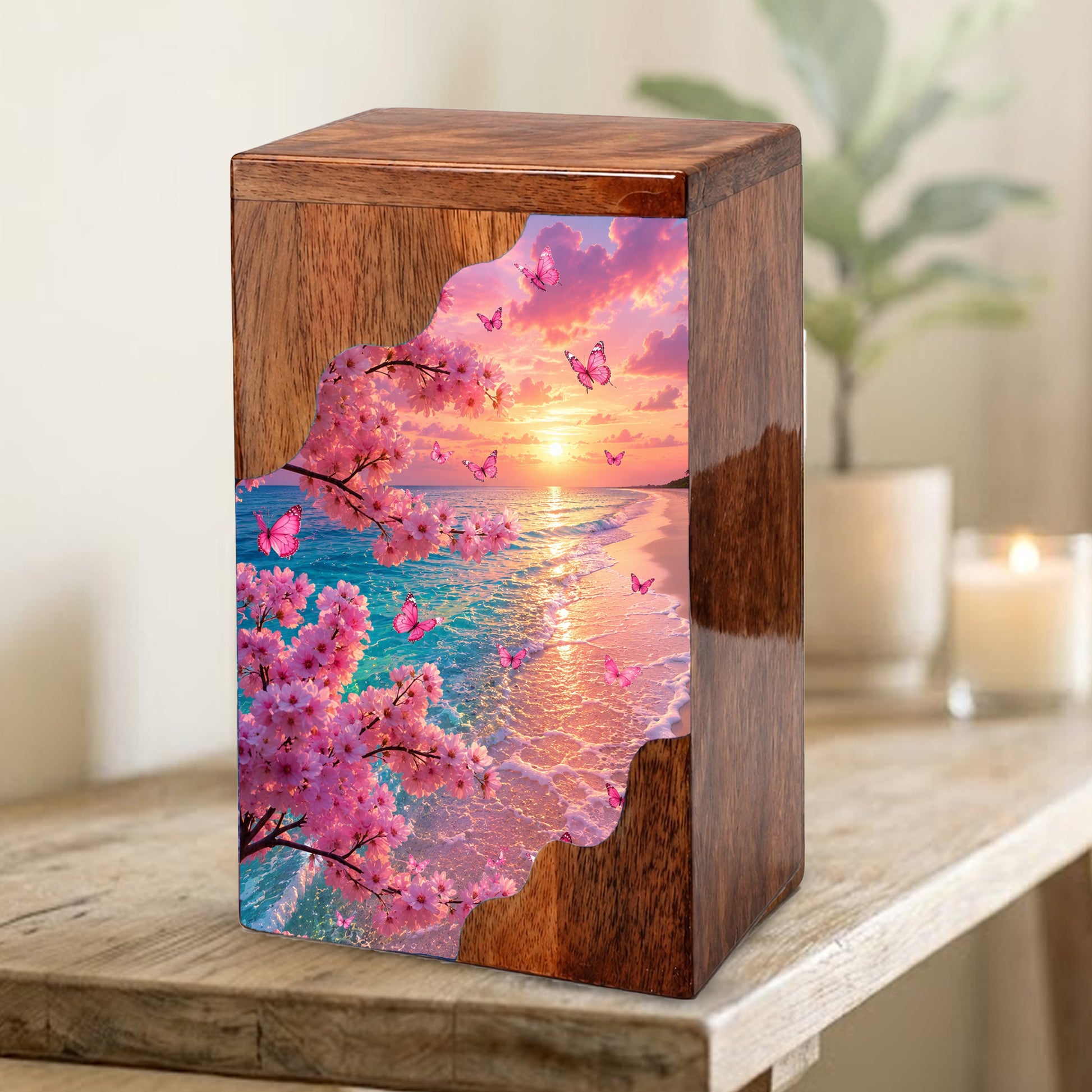 Cherry Blossom Beach Wooden Cremation Urn – Butterfly Memorial Urn for Human Ashes