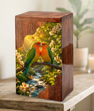 Lovebirds Wooden Cremation Urn – Memorial Urn for Human Ashes