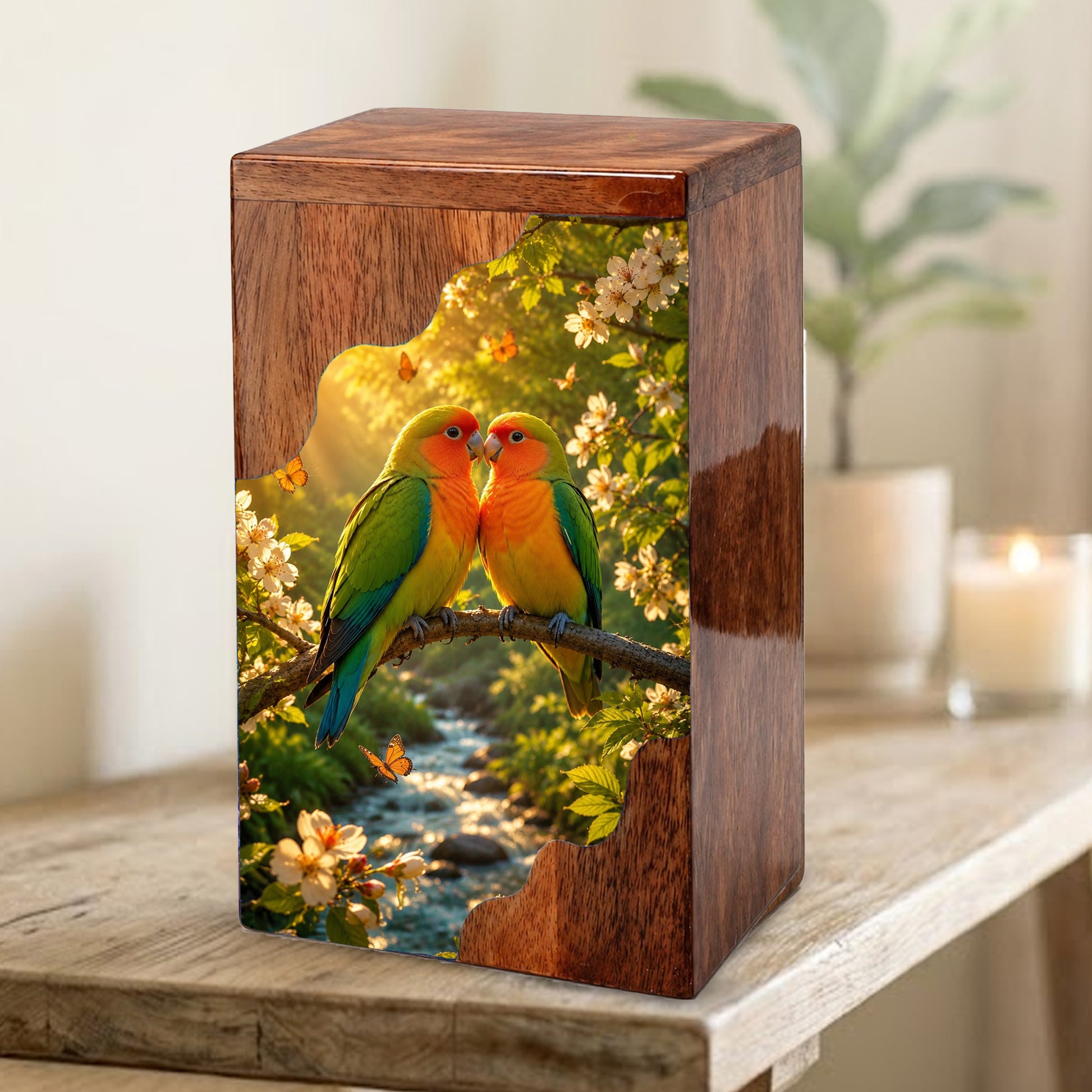 Lovebirds Wooden Cremation Urn – Memorial Urn for Human Ashes