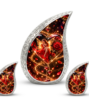Fairy Heart Cremation Urn for Ashes, Red Rose Fantasy Adult Memorial Urn