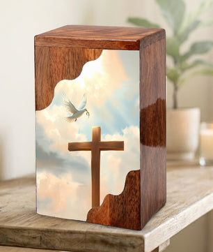 Wooden Cremation Urn – Cross Memorial Urn | Christian Wooden Urn for Ashes