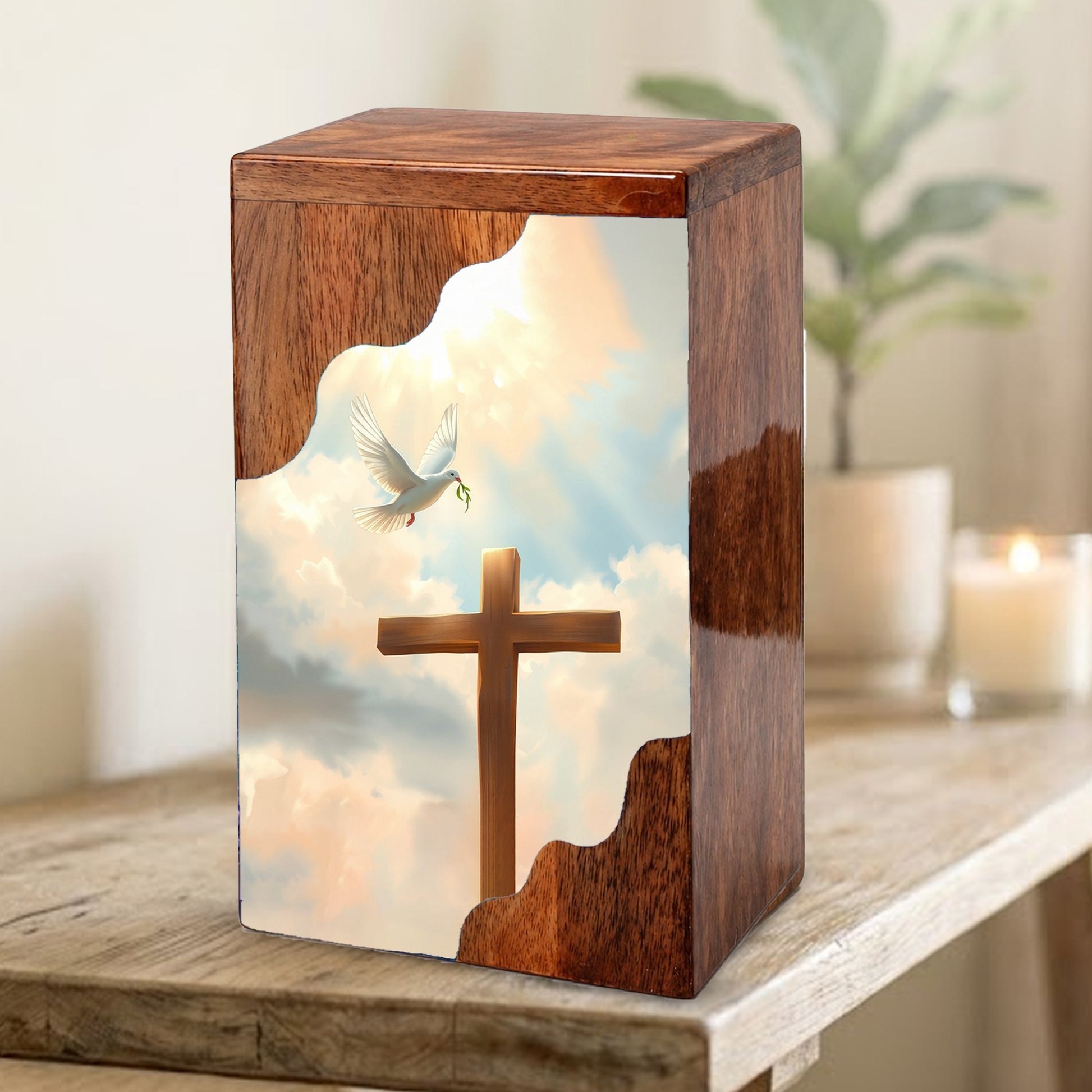Wooden Cremation Urn – Cross Memorial Urn | Christian Wooden Urn for Ashes
