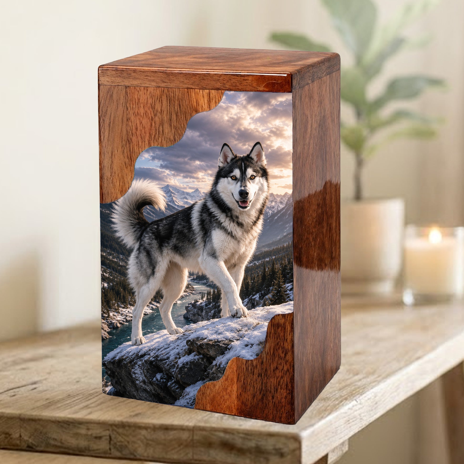 Husky Wooden Cremation Urn – Mountain Memorial Urn