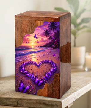 Purple Butterfly Beach Wooden Cremation Urn – Sunset Memorial Urn for Mom