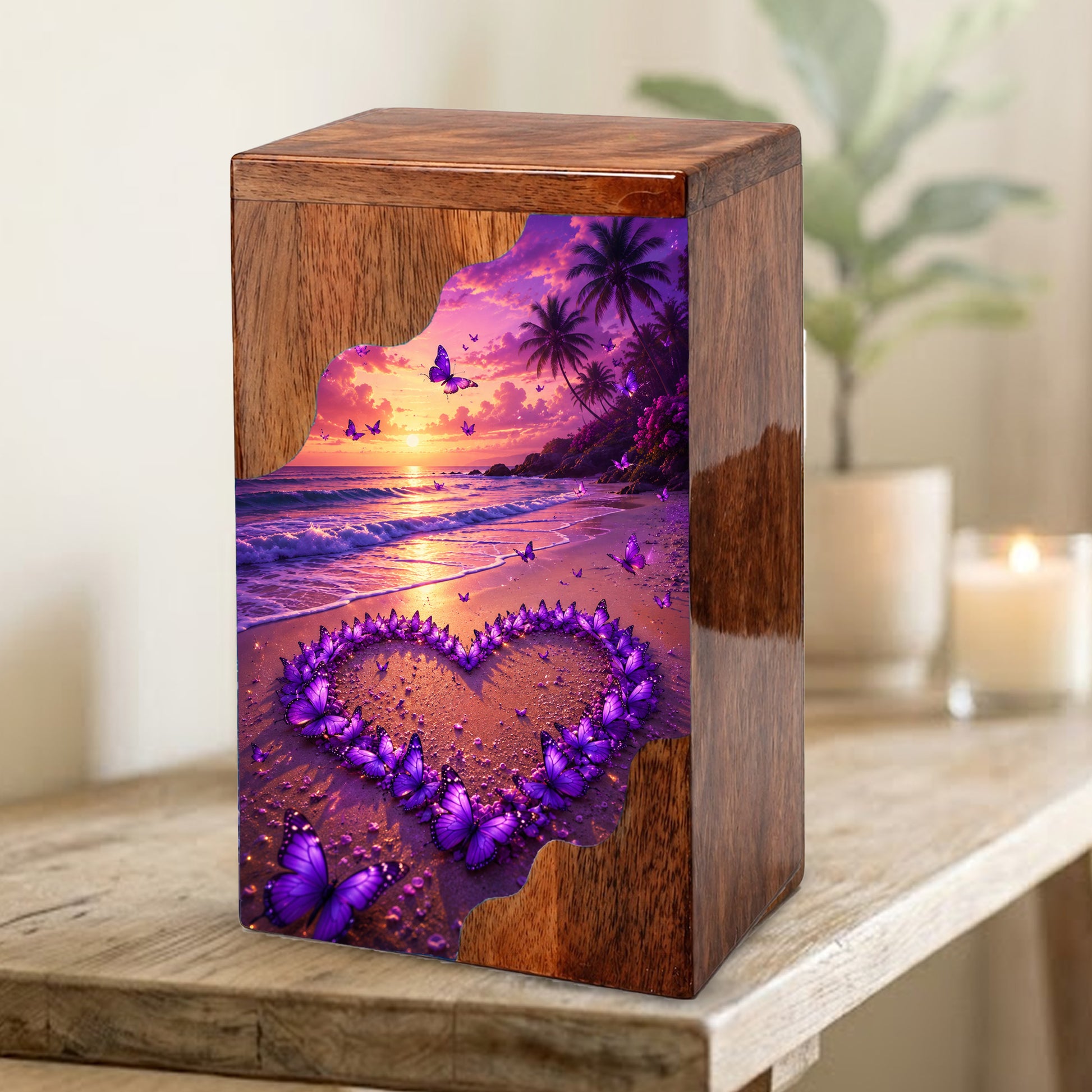 Purple Butterfly Beach Wooden Cremation Urn – Sunset Memorial Urn for Mom