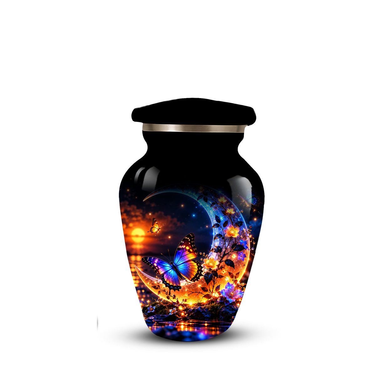 Butterfly Moon Cremation Urn for Adult Ashes, Personalized Adult Memorial Urn with Sunset and Floral Design
