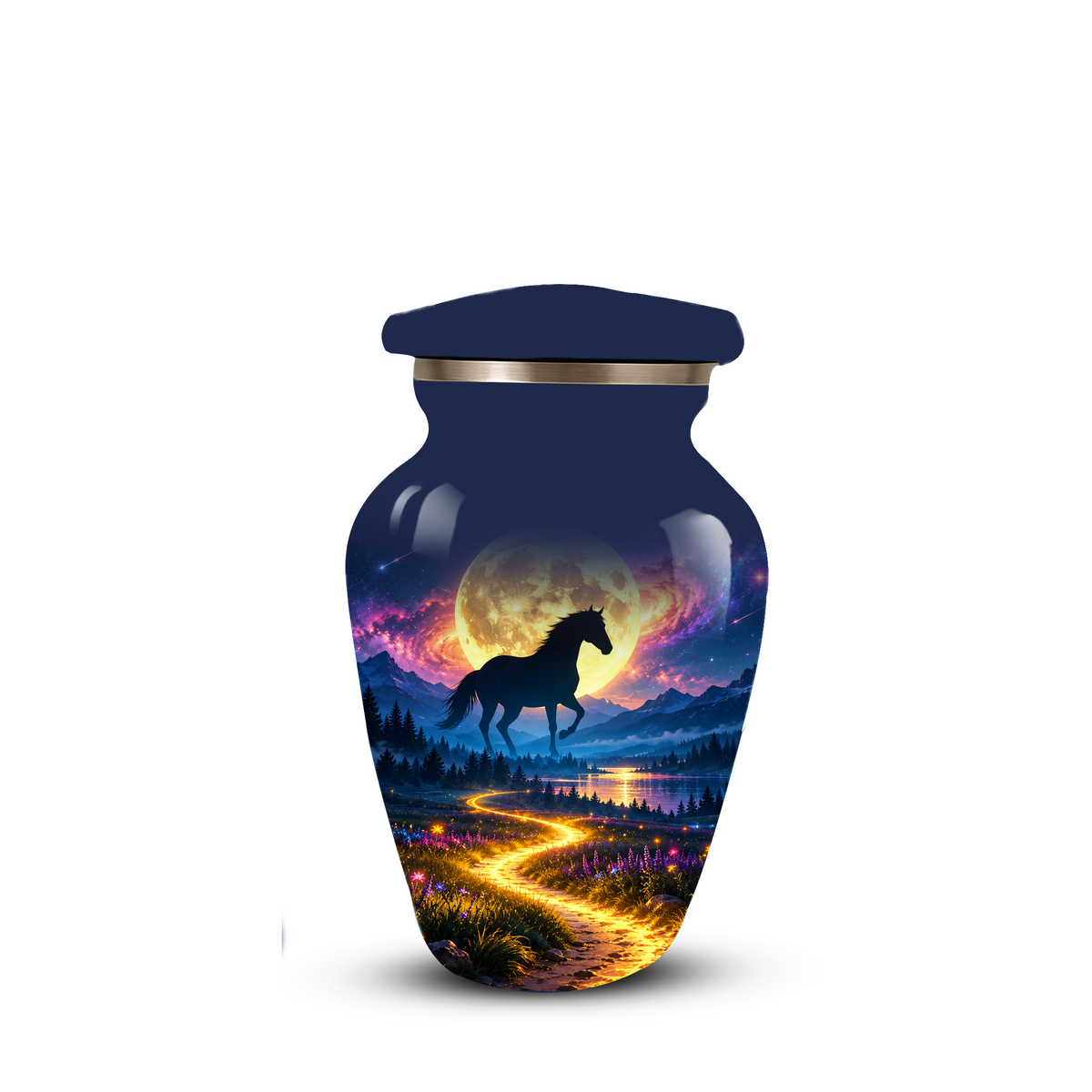 Personalized Adult Cremation Urn for Ashes, Black Horse Under Golden Moon Memorial Urn