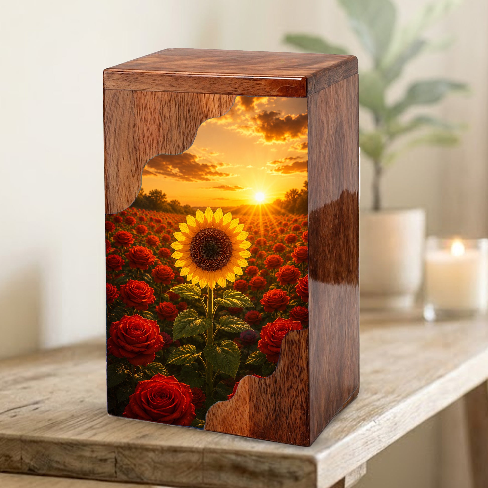 Sunflower Wooden Cremation Urn for Mom | Rose Memorial Urn for Human Ashes