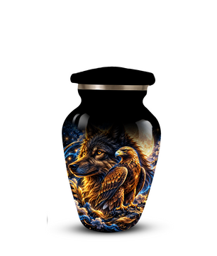 Wolf and Eagle Cremation Urn for Adult Ashes, Black Memorial Urn with Golden Eagle, Majestic Wolf and Celestial Artwork