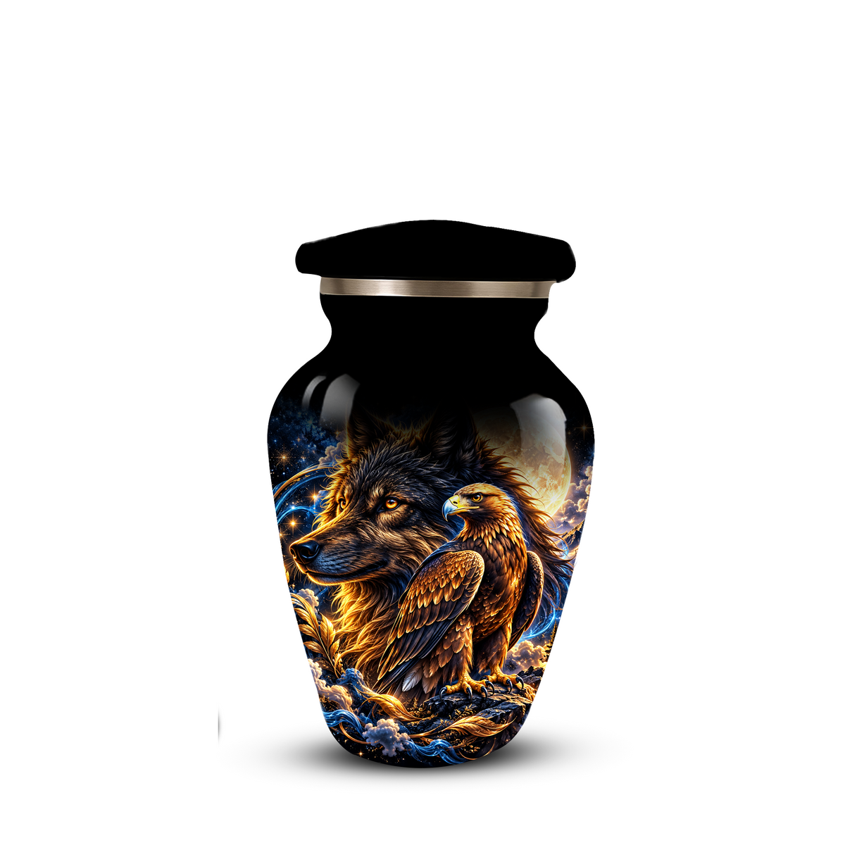 Wolf and Eagle Cremation Urn for Adult Ashes, Black Memorial Urn with Golden Eagle, Majestic Wolf and Celestial Artwork