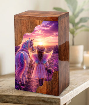 Angel Girl Wooden Cremation Urn – Fantasy Sunset Memorial Wooden Urn for Human Ashes