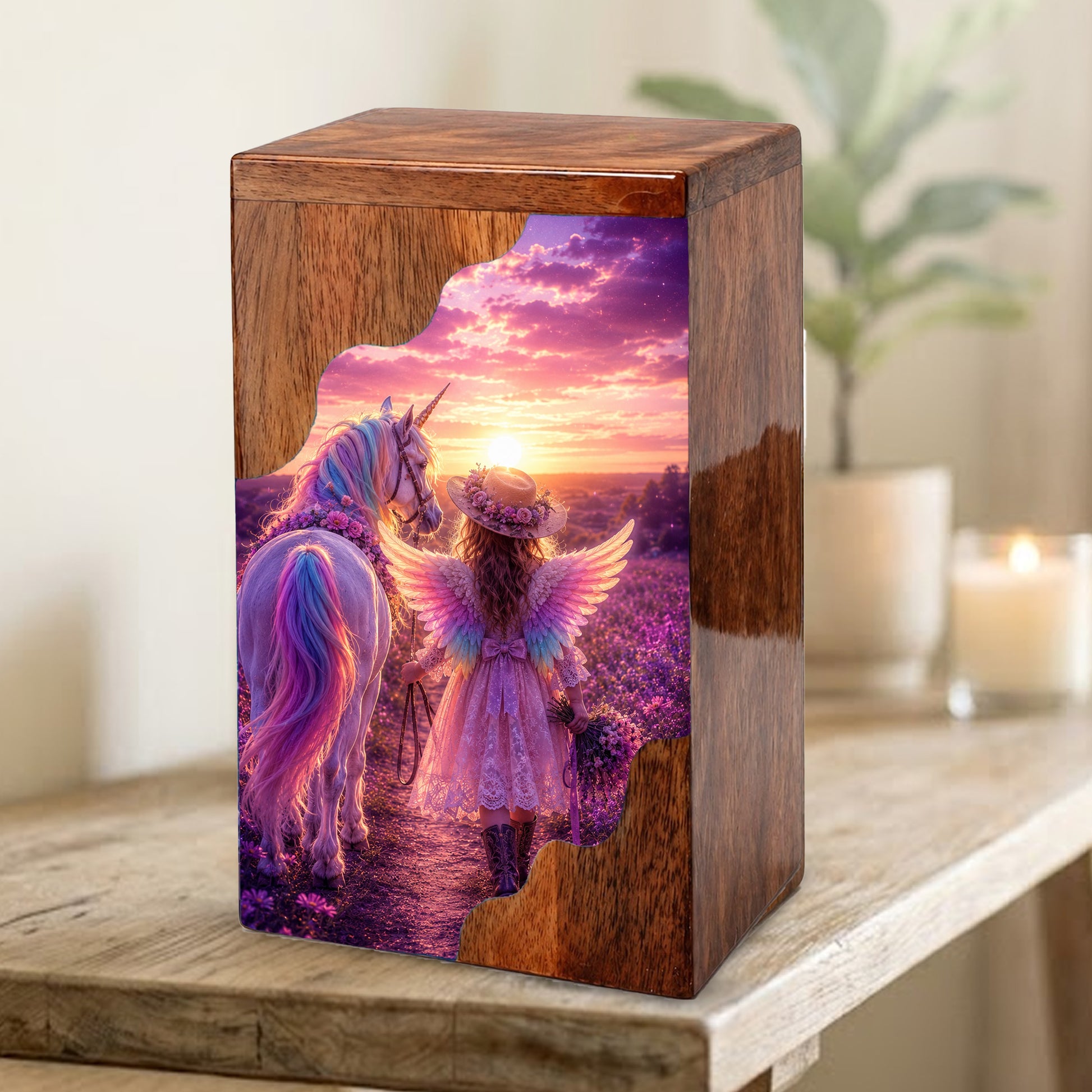 Angel Girl Wooden Cremation Urn – Fantasy Sunset Memorial Wooden Urn for Human Ashes