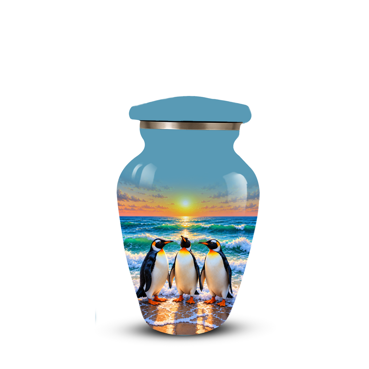 , Penguin Beach Sunset Memorial Urn, Ocean-Themed Urn for Human Ashes