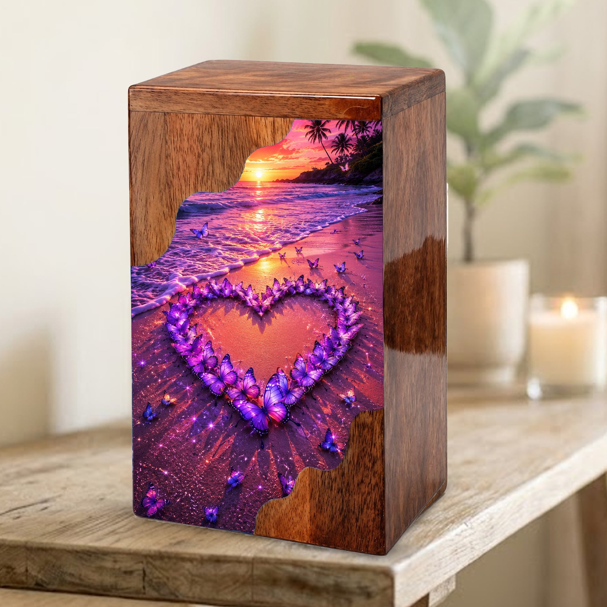 Butterfly Heart Beach Wooden Cremation Urn – Personalized Memorial Urn for Human Ashes