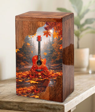 Guitar Wooden Cremation Urn – Autumn Guitar Memorial Urn | Custom Wooden Urn for Human Ashes