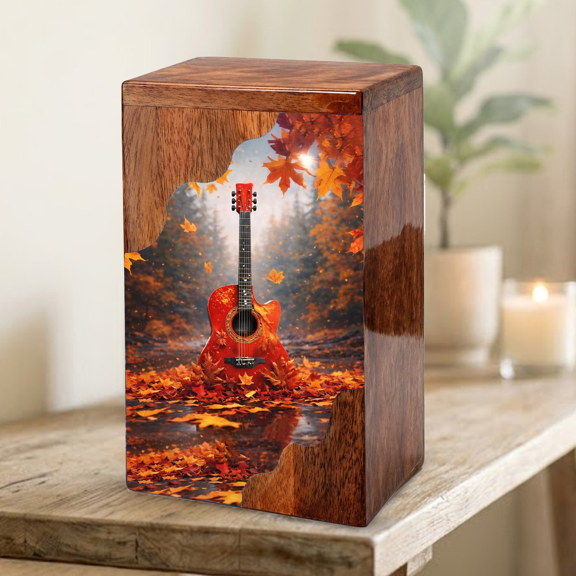 Guitar Wooden Cremation Urn – Autumn Guitar Memorial Urn | Custom Wooden Urn for Human Ashes