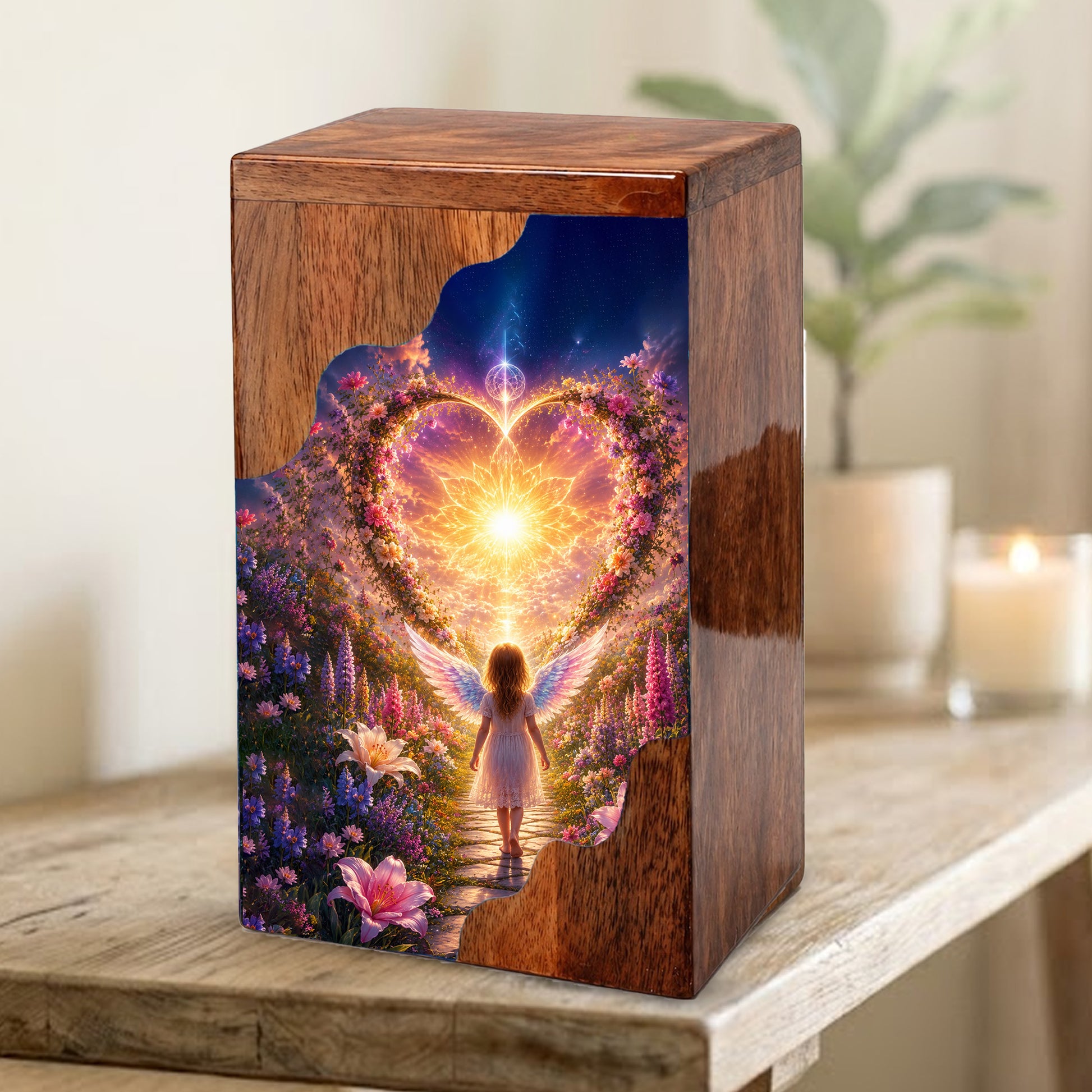 Angel Child Wooden Cremation Urn for Mom, Wooden Urn for Human Ashe