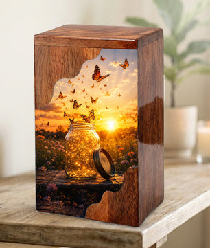 Butterfly Wooden Cremation Urn – Sunset Memorial Urn for Human Ashes