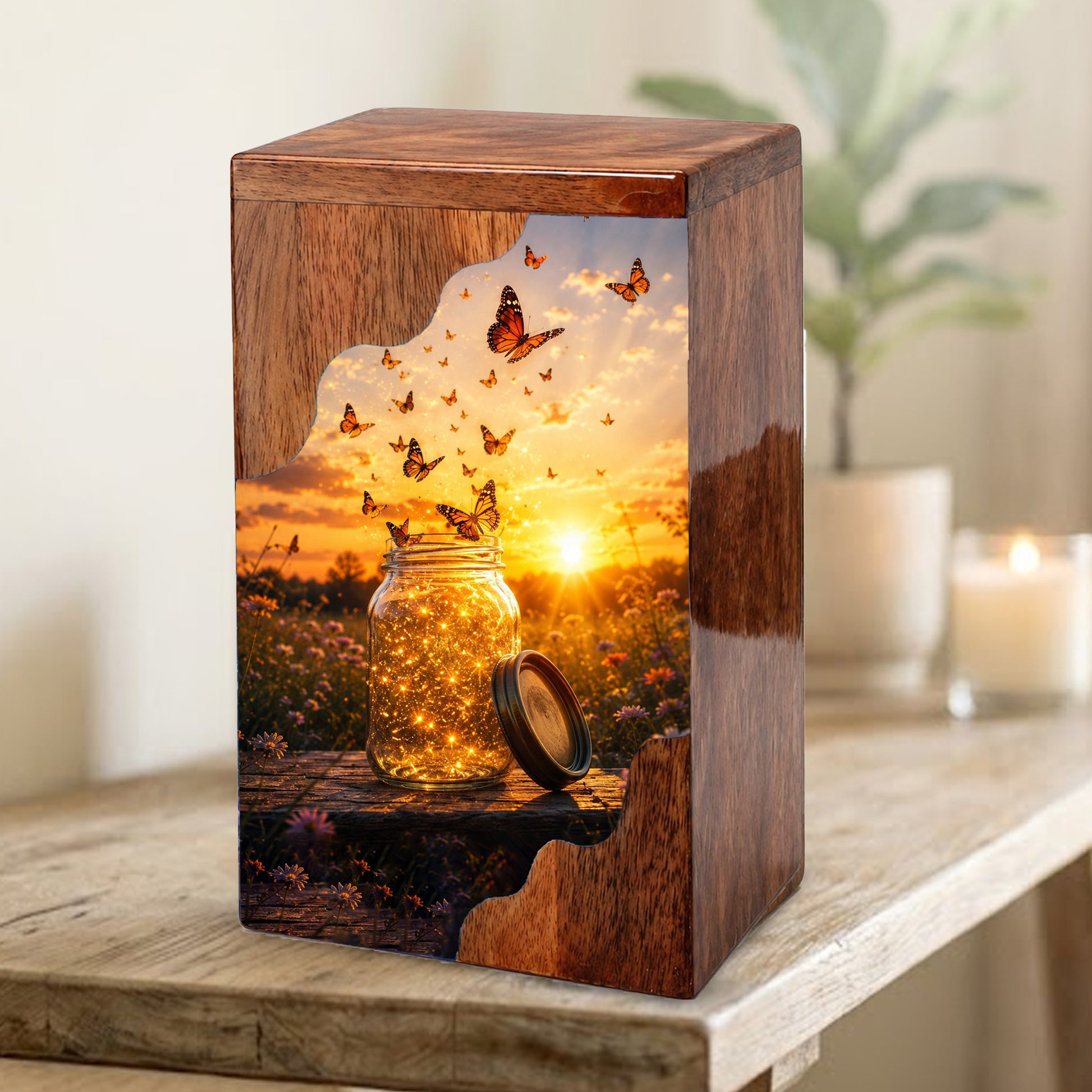 Butterfly Wooden Cremation Urn – Sunset Memorial Urn for Human Ashes