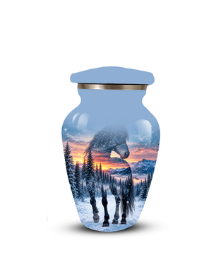 Snowy Horse Cremation Urn for Adult Ashes, Black Horse in Winter Forest Memorial Urn, Personalized Urn for Human Ashes