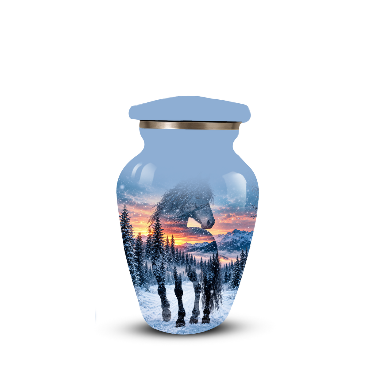 Snowy Horse Cremation Urn for Adult Ashes, Black Horse in Winter Forest Memorial Urn, Personalized Urn for Human Ashes