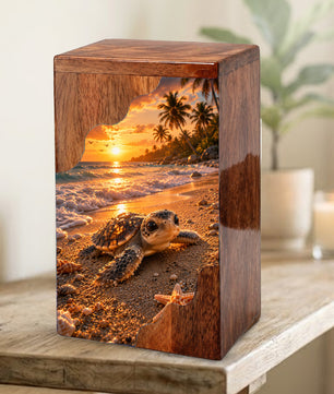 Sea Turtle Wooden Cremation Urn for Human Ashes, Beach Memorial Urn