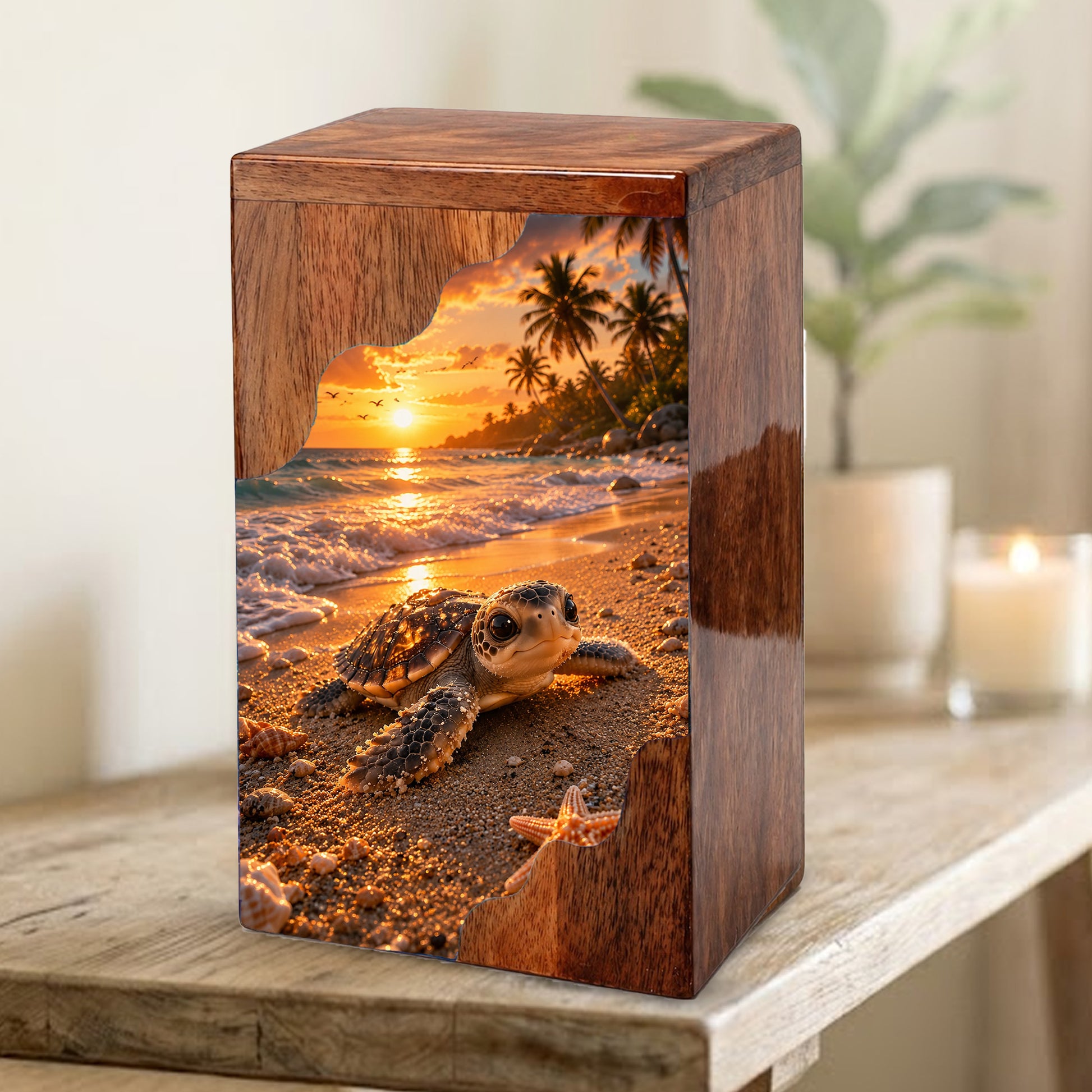 Sea Turtle Wooden Cremation Urn for Human Ashes, Beach Memorial Urn