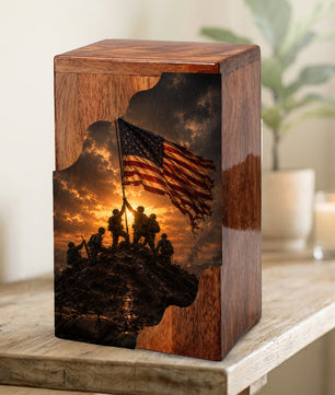 Patriotic Wooden Cremation Urn | Veteran Memorial Urn for Dad | Military Urn with American Flag