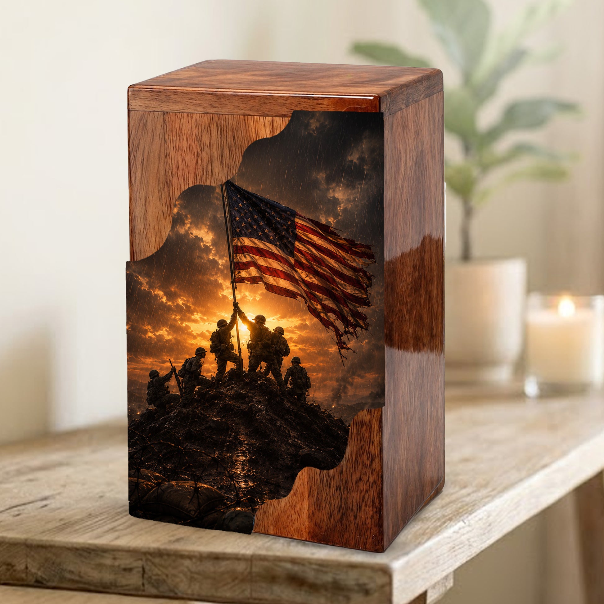 Patriotic Wooden Cremation Urn | Veteran Memorial Urn for Dad | Military Urn with American Flag