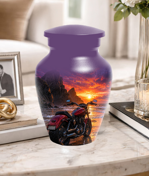 Motorcycle Urn for Dad Ashes -Beach Sunset Memorial Keepsake Urns for Men