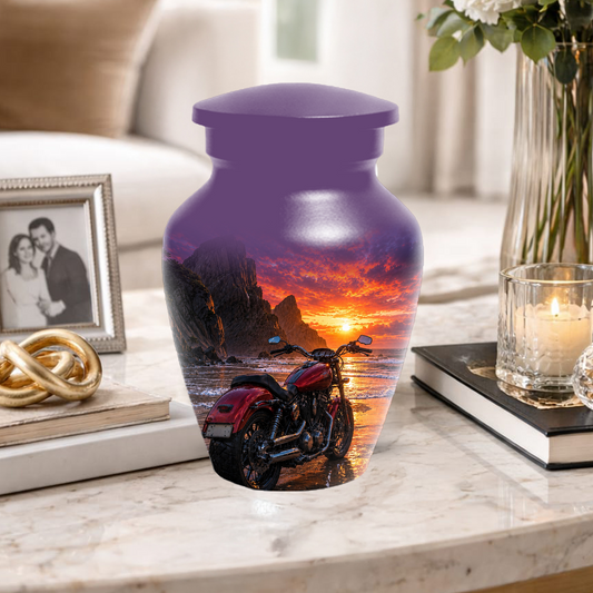 Motorcycle Urn for Dad Ashes -Beach Sunset Memorial Keepsake Urns for Men