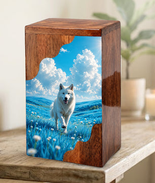 White Dog Wooden Cremation Urn – Personalized Pet Memorial Urn for Dog Ashes