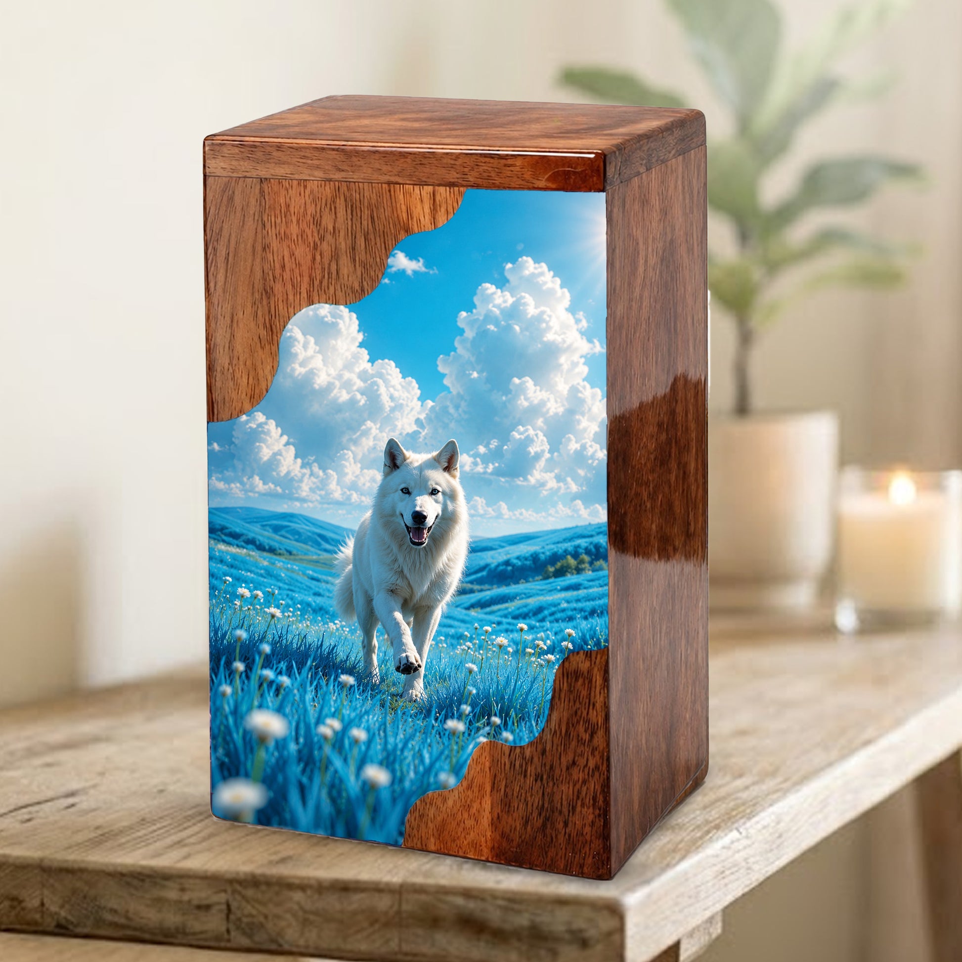White Dog Wooden Cremation Urn – Personalized Pet Memorial Urn for Dog Ashes